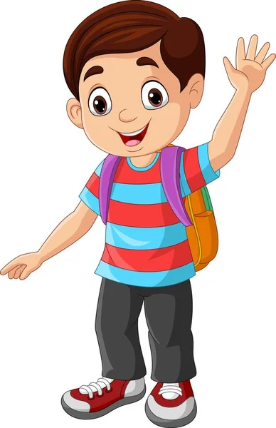 Vector Illustratie Van Cartoon Gelukkig Schooljongen Zwaaien Hand — Stockvector