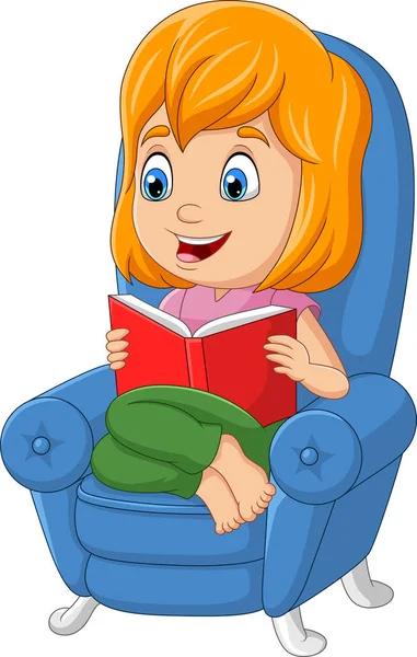 Απεικόνιση Διάνυσμα Καρτούν Κοριτσάκι Διαβάζοντας Ένα Βιβλίο Που Κάθεται Στον — Διανυσματικό Αρχείο