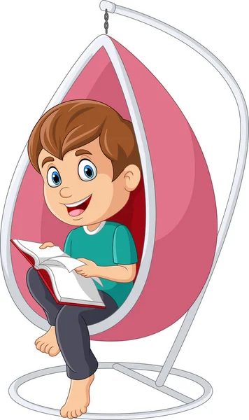 Vector Illustration Little Boy Reading Book Hanging Chair — Stock Vector