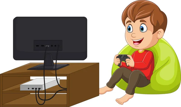Vector Illustration Cartoon Little Boy Playing Video Game — Stock Vector