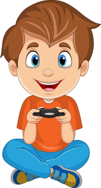 Vector Illustration Cartoon Little Boy Playing Video Game — Stock Vector