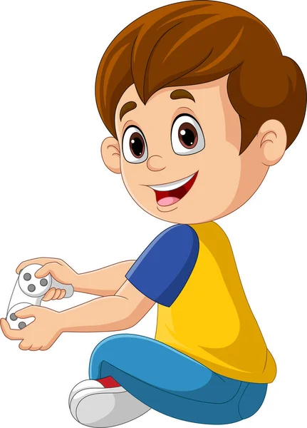 Vector Illustration Cartoon Little Boy Playing Video Game — Stock Vector