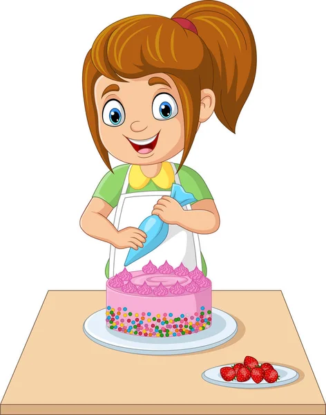 Ilustración Vectorial Chica Dibujos Animados Decorando Pastel Cumpleaños — Vector de stock