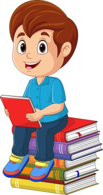Çizgi film karakteri küçük bir çocuğun kitap yığınının üzerinde oturup kitap tutmasının vektör çizimi.