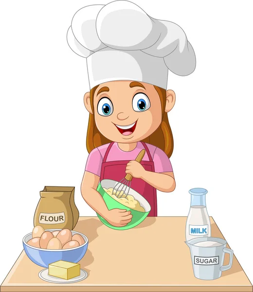 Ilustração Vetorial Cartoon Menina Cozinhar Fazendo Bolo — Vetor de Stock