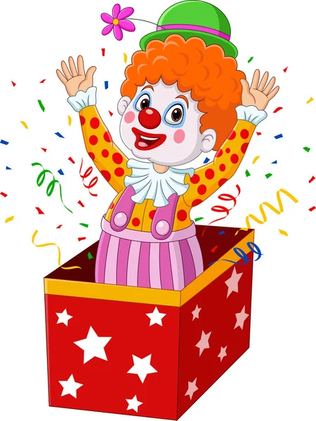 Vector Illustration Cartoon Clown Jumping Out Box — Stock Vector