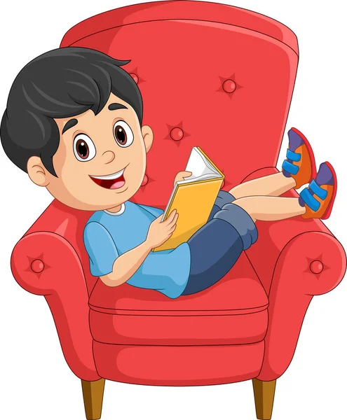 卡通人物小男孩在沙发上看书的矢量图解 — 图库矢量图片