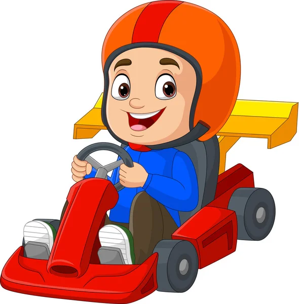 Vector Illustration Cartoon Little Boy Driving Racing Car — Stock Vector