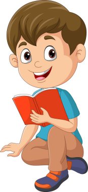 Mutlu çocuğun kitap okuyarak oturduğu vektör illüstrasyonu