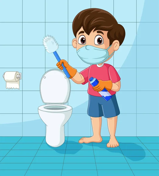 Векторная Иллюстрация Мультфильма Маленьком Мальчике Чистящем Ванную Комнату — стоковый вектор