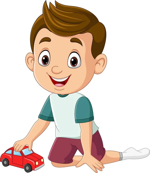 Векторна Ілюстрація Мультфільму Маленький Хлопчик Грає Іграшковий Автомобіль — стоковий вектор