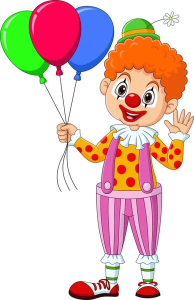 Illustration Vectorielle Clown Heureux Bande Dessinée Tenant Des Ballons Colorés — Image vectorielle