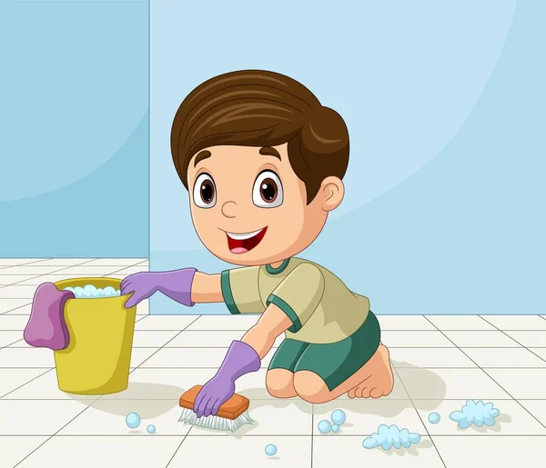 Vector Illustration Cartoon Little Boy Cleaning Floor — Stock Vector