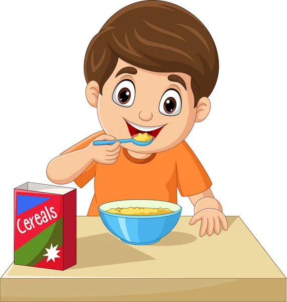 Vektor Illustration Tecknad Liten Pojke Som Äter Frukost Spannmål — Stock vektor