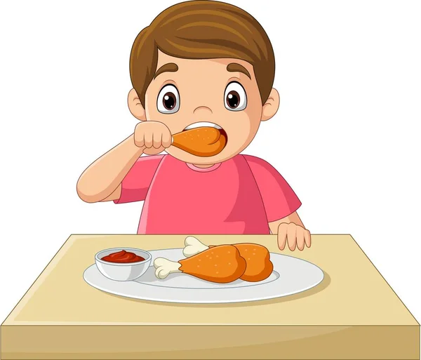 Vektor Illustration Tecknad Liten Pojke Äter Stekt Kyckling — Stock vektor