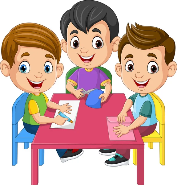 Ilustração Vetorial Crianças Dos Desenhos Animados Fazendo Papel Origami Dobrável — Vetor de Stock