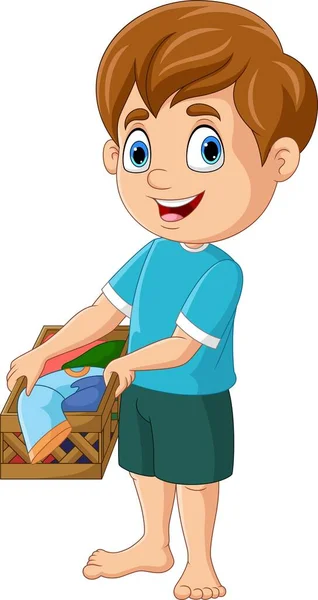 Vector Illustration Cartoon Little Boy Basket Clothes — Stock Vector