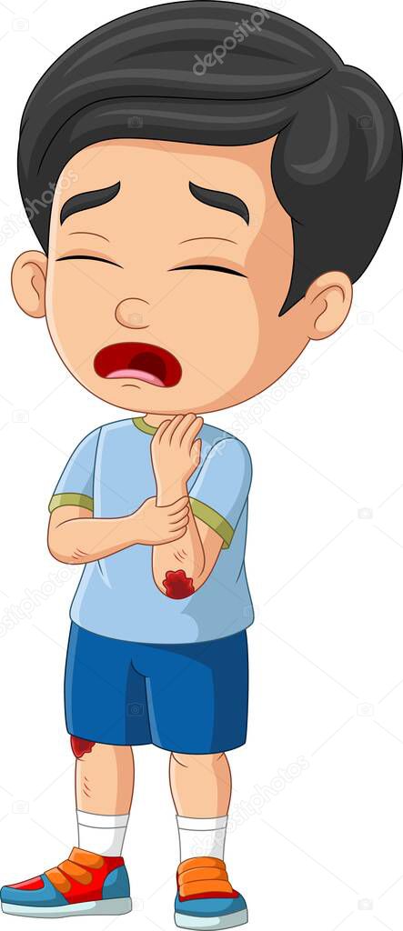 Vector illustration of Cartoon little boy crying with elbow bleed