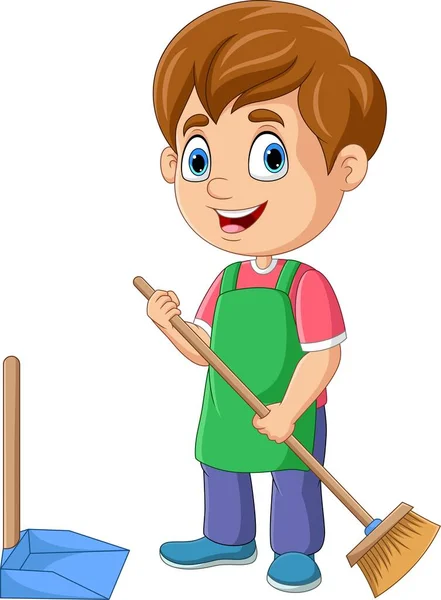 Vector Illustration Cartoon Little Boy Sweeping Floor — стоковый вектор