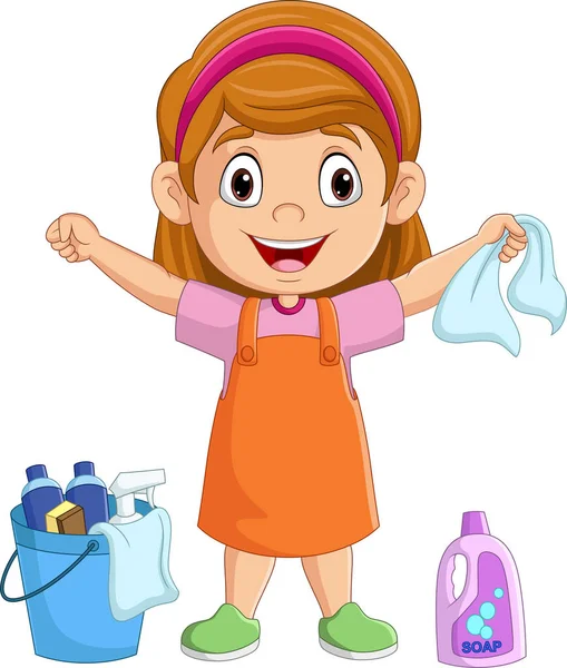 Vector Illustration Cartoon Little Girl Bucket Clean Tools — Vector de stock