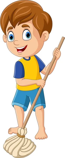 Vector Illustratie Van Cartoon Kleine Jongen Dweilen Vloer — Stockvector