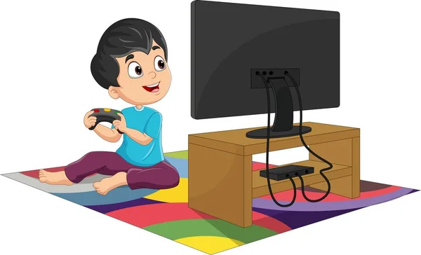 Vector Illustration Cartoon Little Boy Playing Video Game — Stock Vector