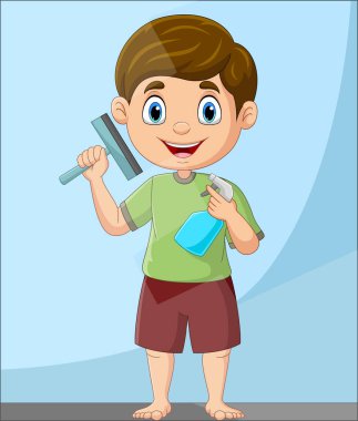 Elinde sprey ve cam sileceği olan çizgi film çocuğu temsilcisi.