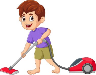 Süpürge kullanan küçük bir çocuğun vektör çizimi