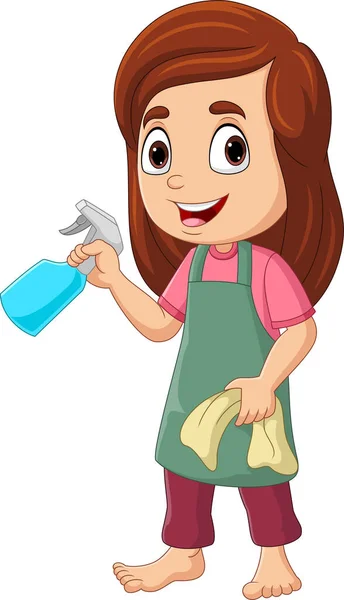 Vector Illustration Cartoon Little Girl Holding Spray Rag — Stock Vector