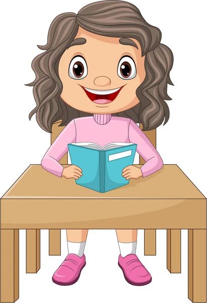 Vector Illustration Cartoon Little Girl Reading Book Desk — ストックベクタ