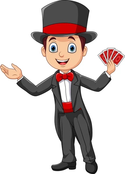 Vector Illustration Cartoon Little Magician Playing Cards — ストックベクタ