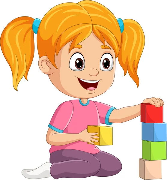 Vektor Ilustrasi Kartun Gadis Kecil Bermain Dengan Blok Bangunan - Stok Vektor