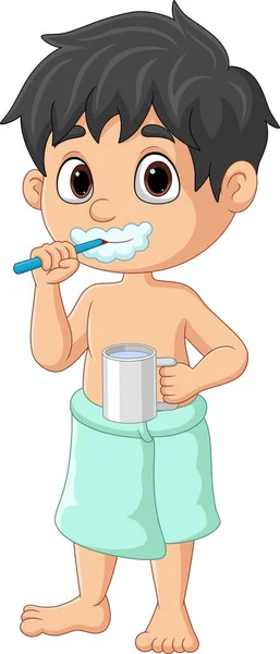 Vector Illustration Cute Little Boy Brushing Teeth — Stock Vector