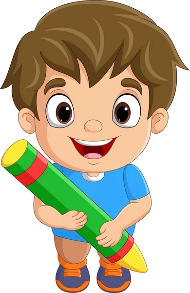 Vektor Illustration Von Cartoon Kleiner Junge Hält Einen Großen Buntstift — Stockvektor