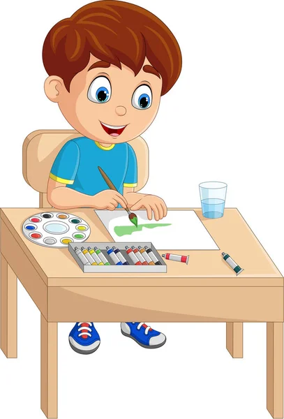 Vector Illustration Cartoon Little Boy Painting Desk — Vettoriale Stock