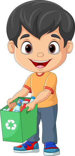 Vector illustration of Cartoon boy gathering bottles into garbage bin