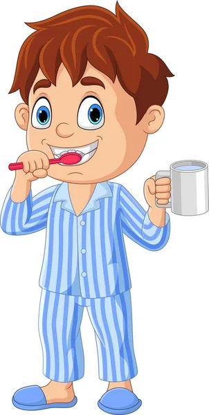 Vector Illustration Cartoon Little Boy Brushing Teeth — Vector de stock