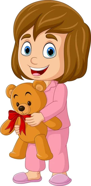 Vector Illustration Cartoon Little Girl Holding Teddy Bear — стоковый вектор