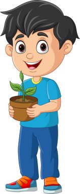 Saksıda bitkileri tutan sevimli küçük çocuğun vektör çizimi