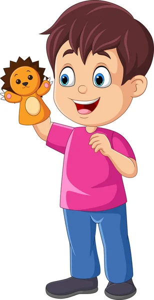 Vector Illustration Cartoon Little Boy Playing Lion Puppet — Stock Vector