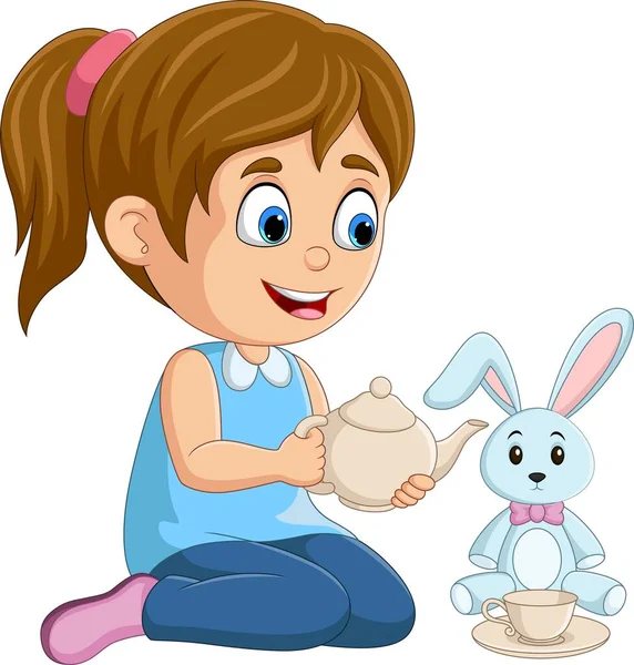 Vector Illustration Cartoon Little Girl Playing Rabbit Doll — Stock Vector
