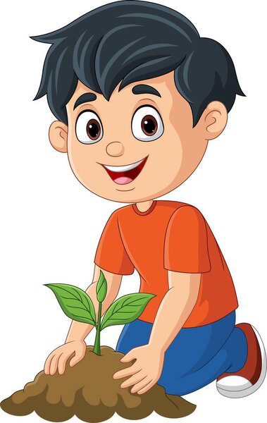 Vector illustration of Cute little boy planting a plant