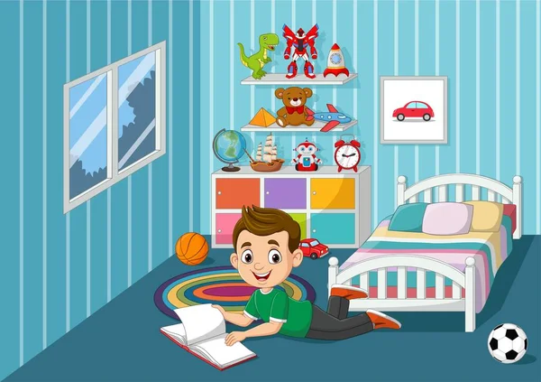Vector Illustration Happy Little Boy Reading Book Bedroom — Stock Vector