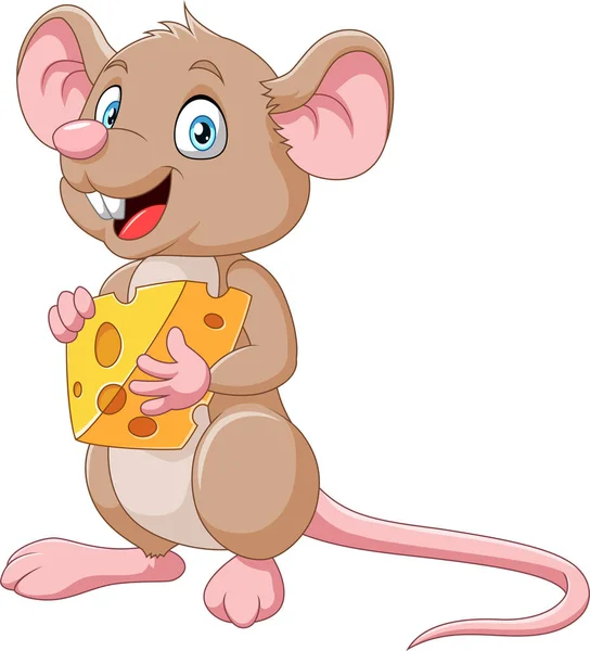 Illustrazione Vettoriale Del Mouse Del Fumetto Che Tiene Fetta Formaggio — Vettoriale Stock