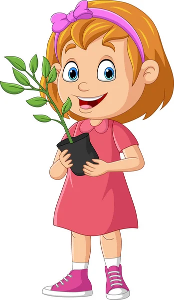 Vector Illustration Cute Little Girl Holding Plants Pot — ストックベクタ