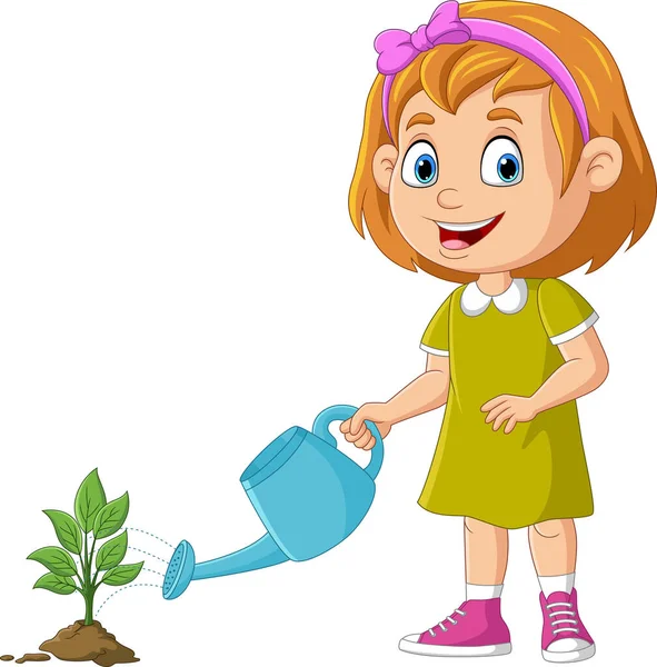 Vector Illustration Cartoon Cute Little Girl Watering Plants — Stok Vektör