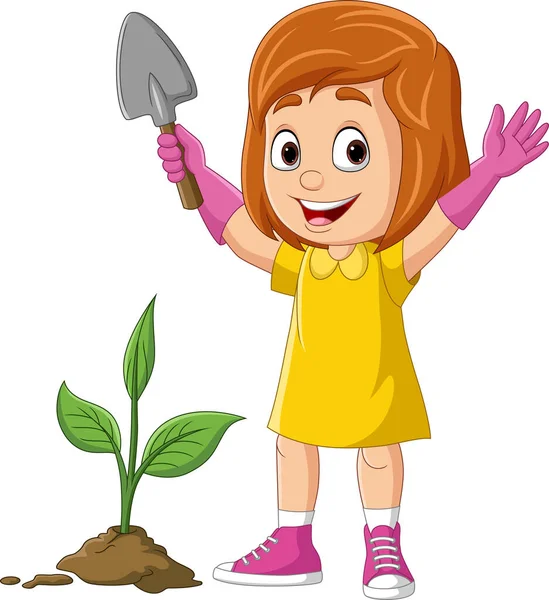 Vector Illustration Cartoon Cute Little Girl Planting Plant — Stok Vektör