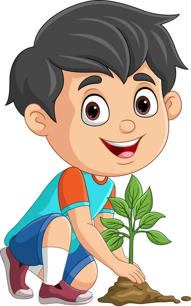 Ilustração Vetorial Menino Bonito Plantando Uma Planta —  Vetores de Stock