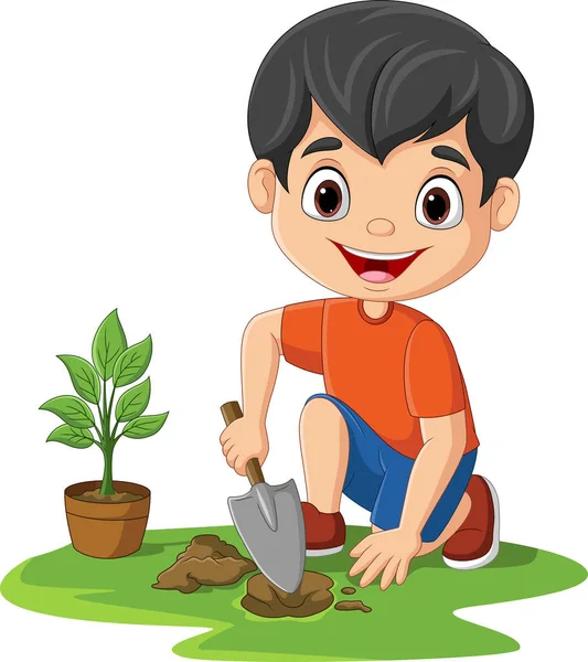 Vector Illustration Cute Little Boy Planting Plants Garden — Stockvector