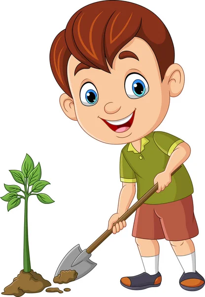Vector Illustration Cartoon Cute Little Boy Planting Plant — Stockvector